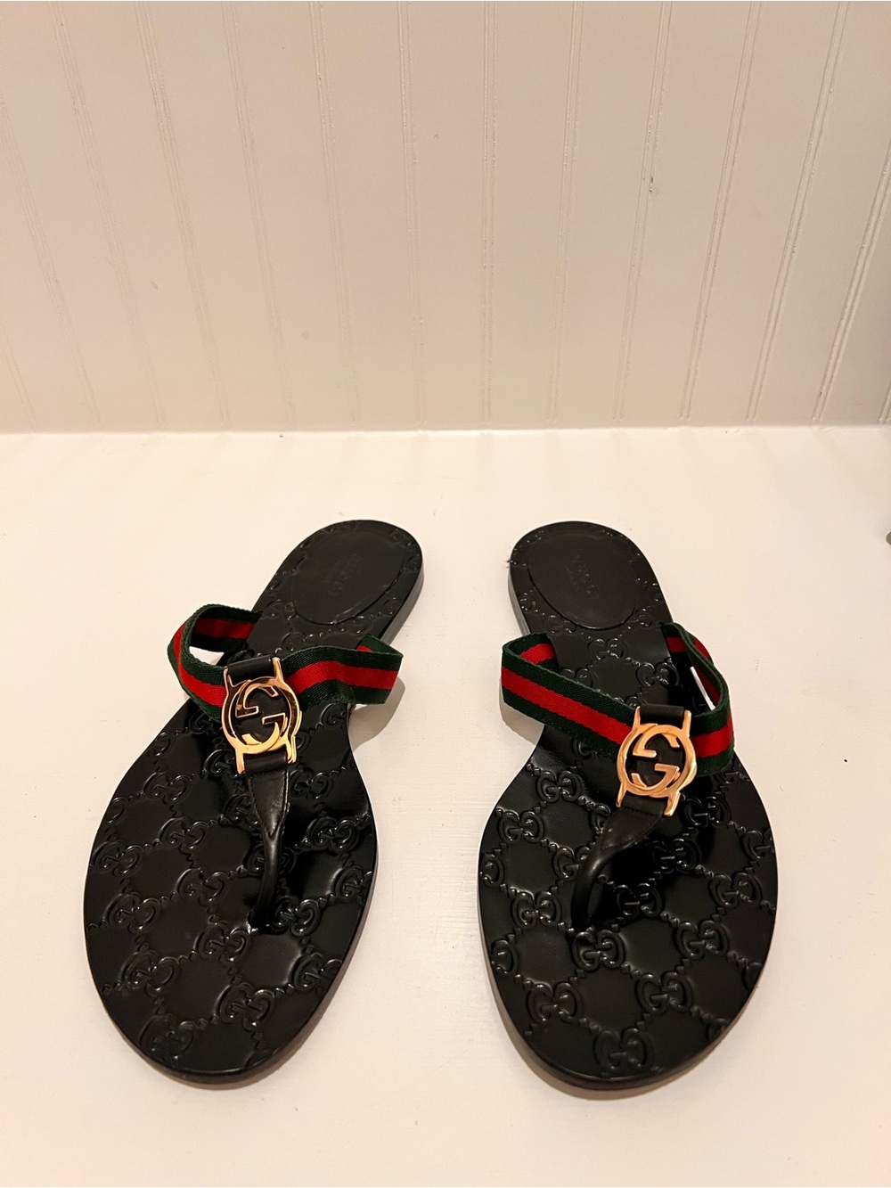 Gucci Black Jelly Sandals with Red & Green Web and Gold GG